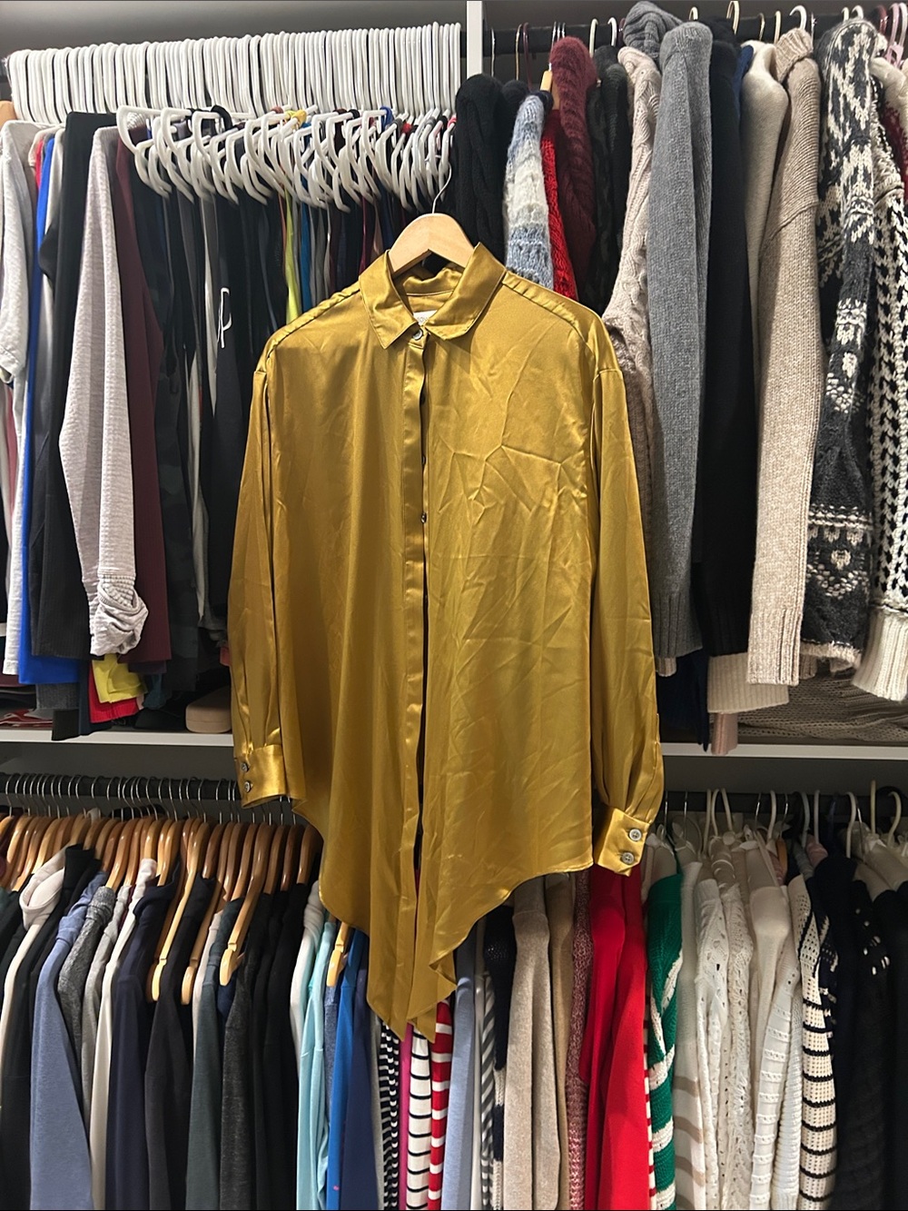 Ronny Kobo Collection Satin Button-Down Shirt in Mustard